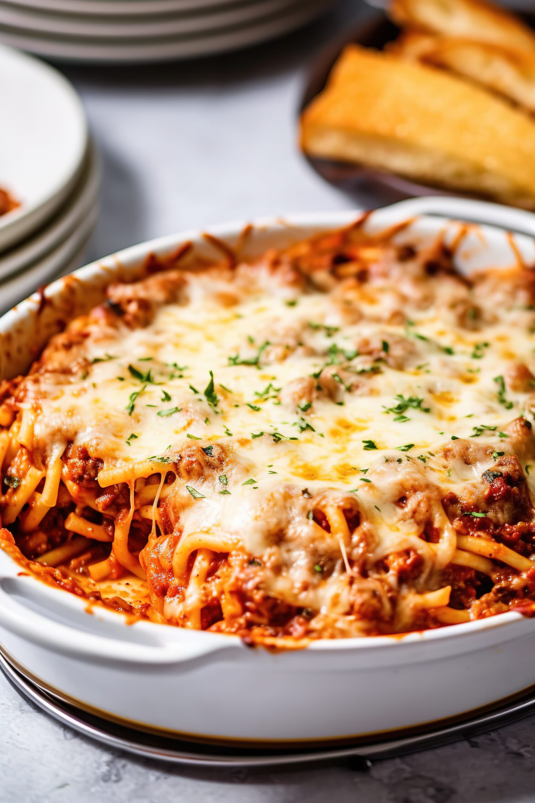 Baked vegan ziti casserole topped with melted dairy-free cheese and fresh parsley.