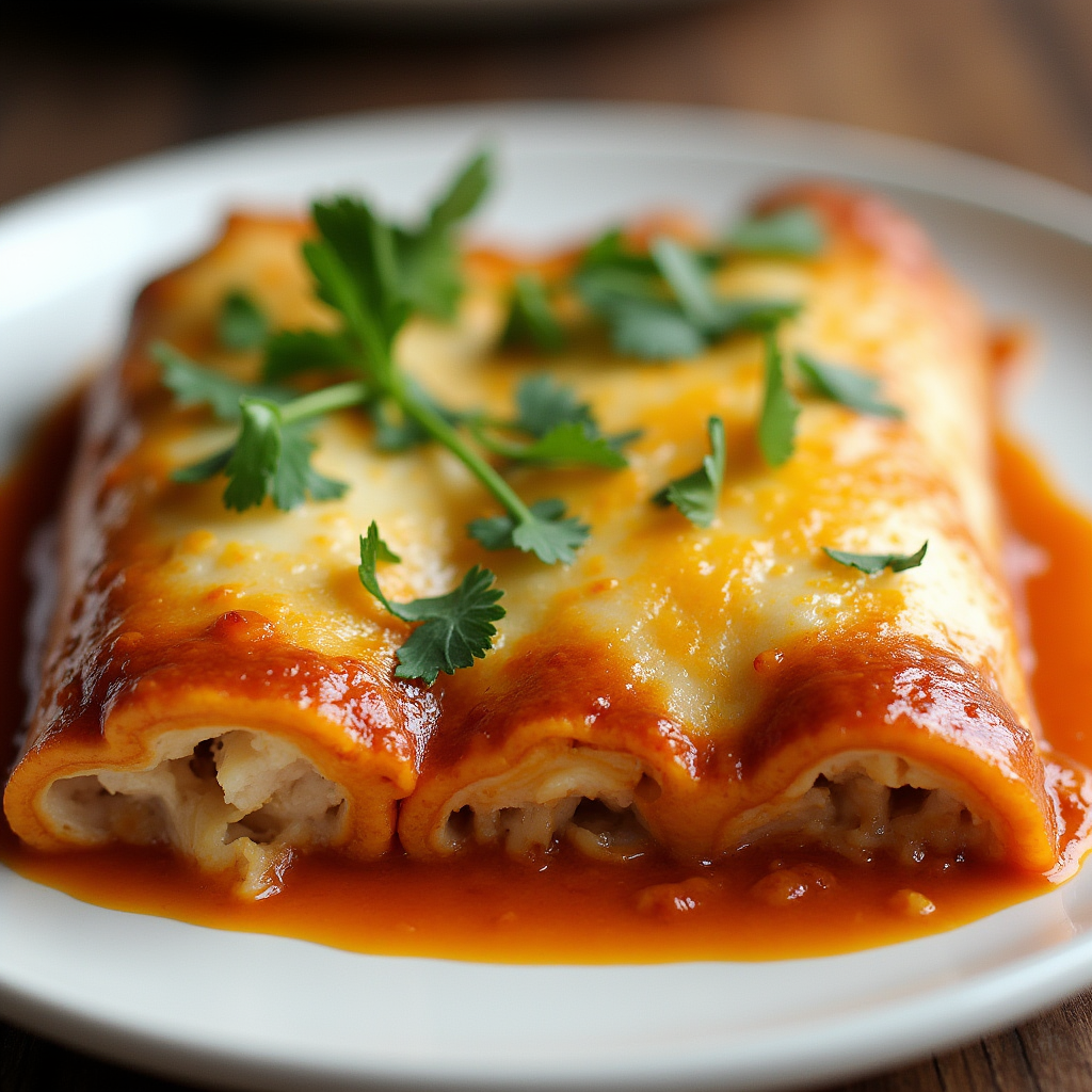 Plate of easy chicken enchiladas topped with melted cheese, fresh cilantro, and a side of rice and beans.