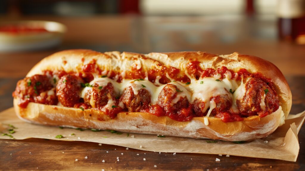 A freshly made Firehouse Subs Meatball sandwich with melted mozzarella, marinara sauce, and a toasted roll, garnished with parsley.