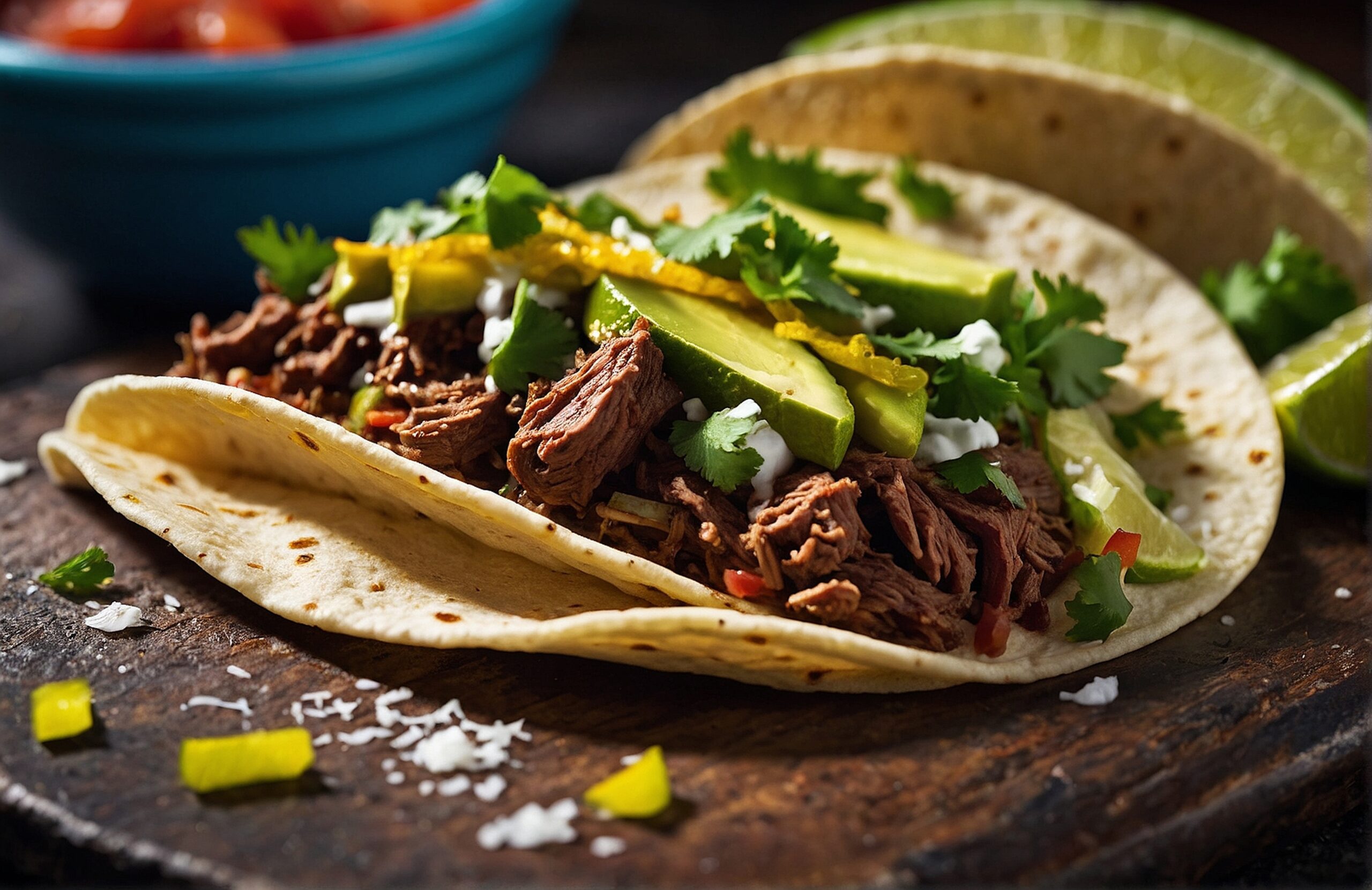 Pulled beef tacos topped with guacamole, pickled onions, and cilantro, served on a wooden plate.