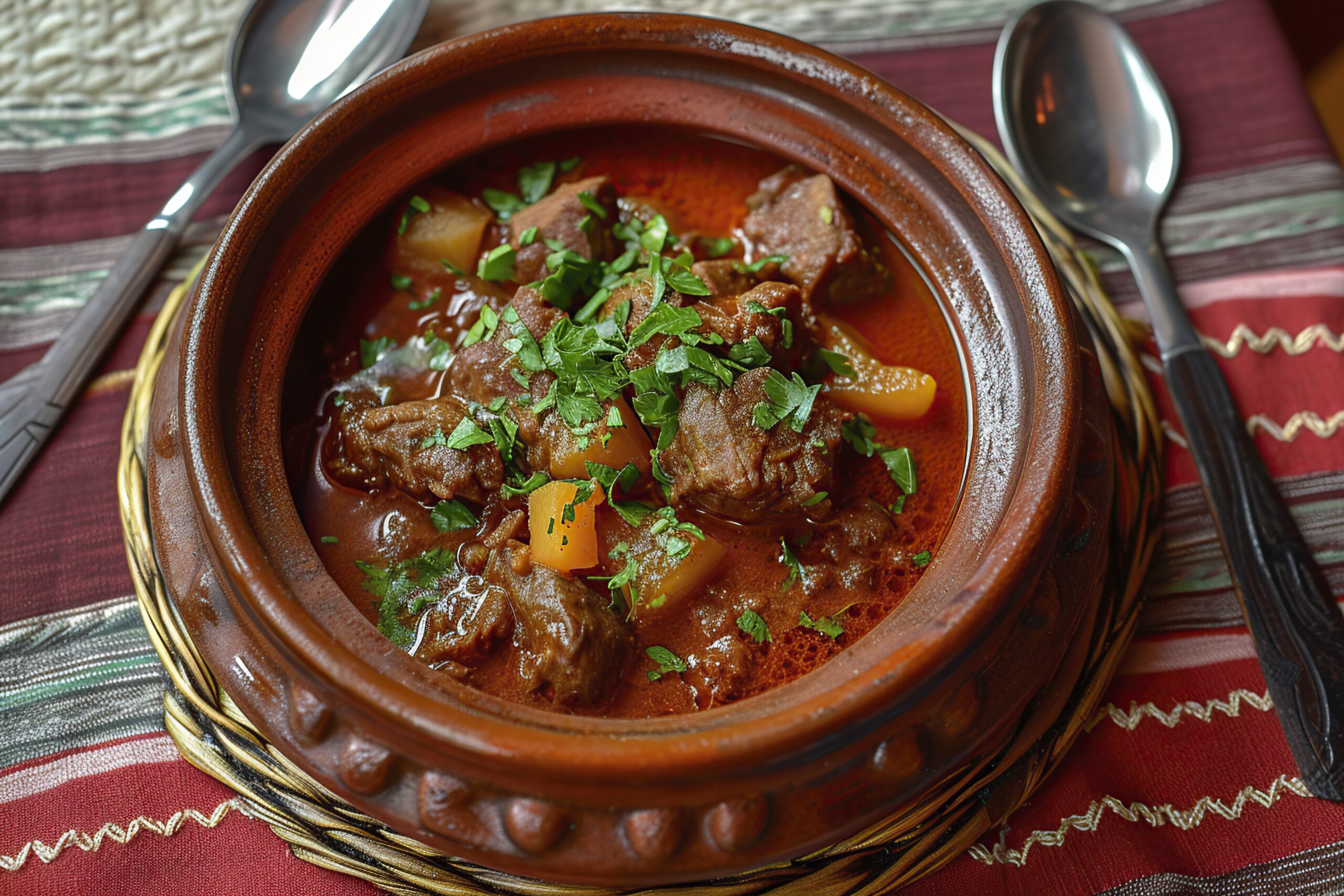 A bowl of Mexican beef stew with tender beef, potatoes, and carrots in a rich, spiced broth, garnished with fresh cilantro.