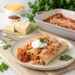 Plate of easy chicken enchiladas topped with melted cheese, fresh cilantro, and a side of rice and beans.