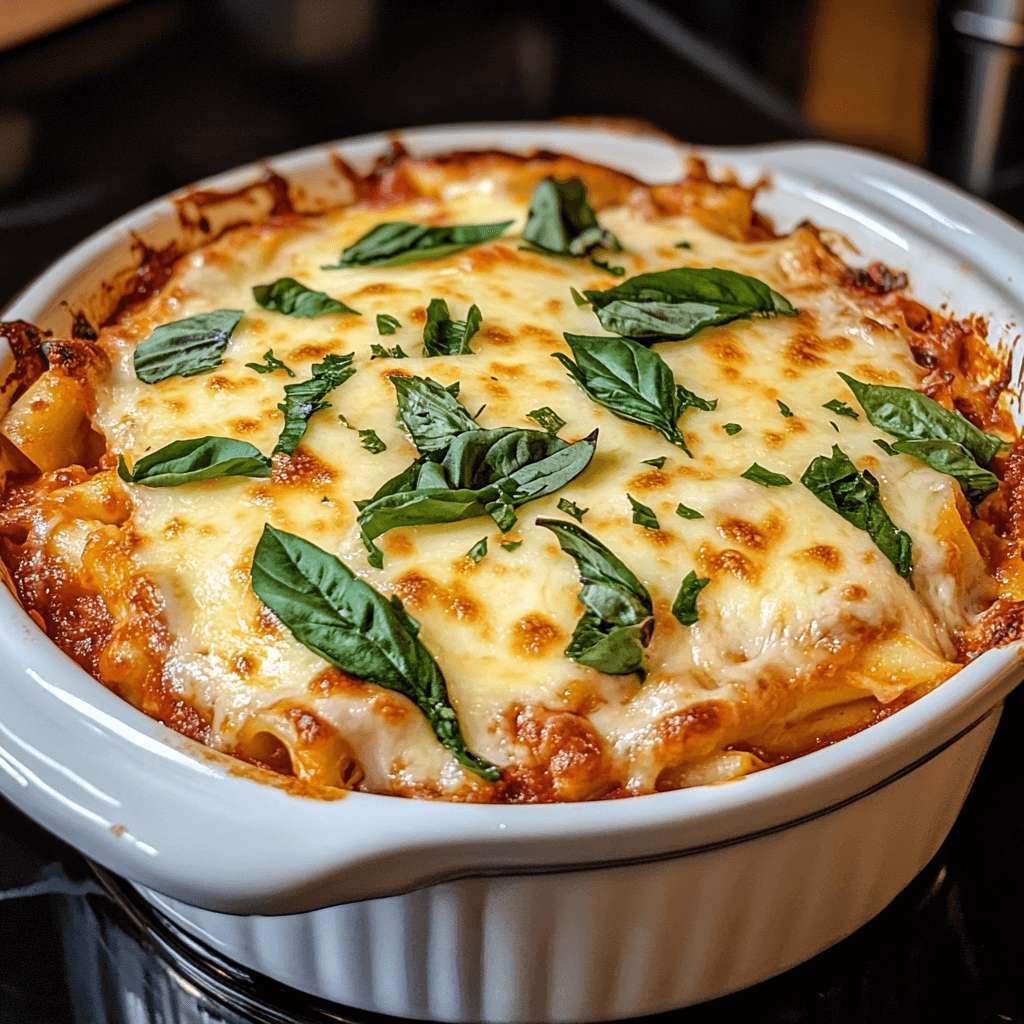 A bubbling dish of vegan baked ziti topped with melted dairy-free cheese, fresh basil, and golden crust edges, served in a white casserole dish.