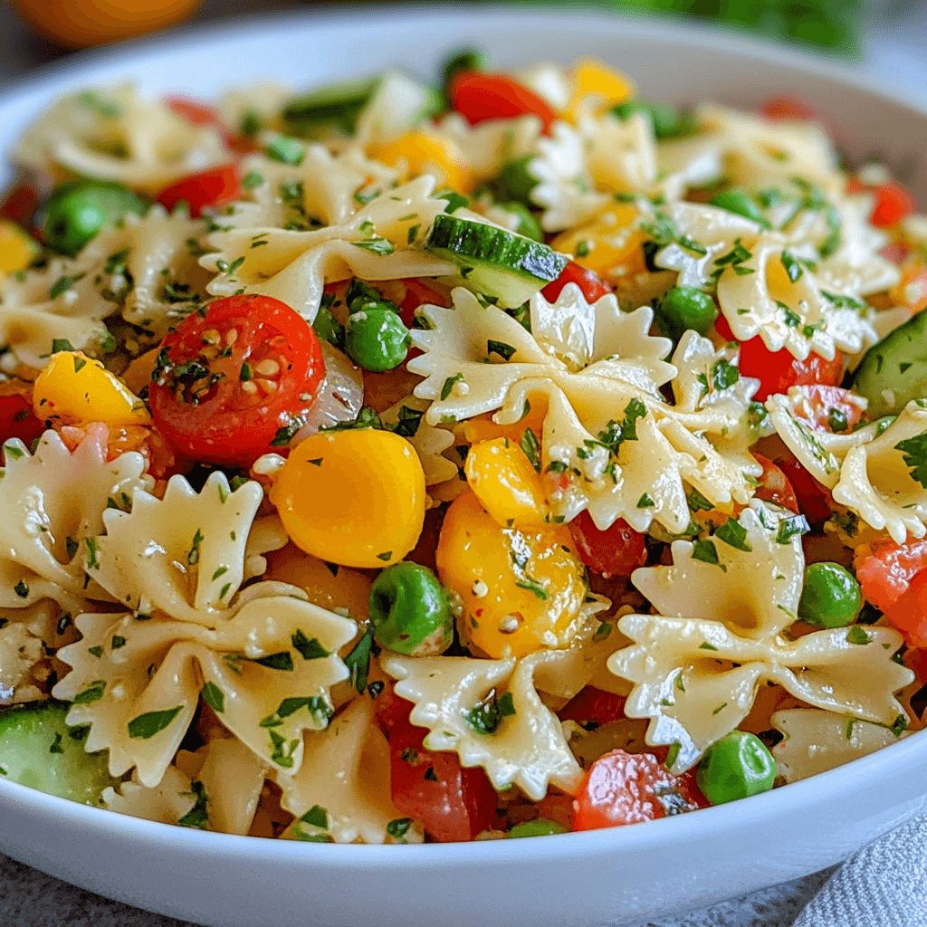 Colorful bow tie pasta salad with cherry tomatoes, cucumbers, bell peppers, and fresh herbs served in a white bowl.