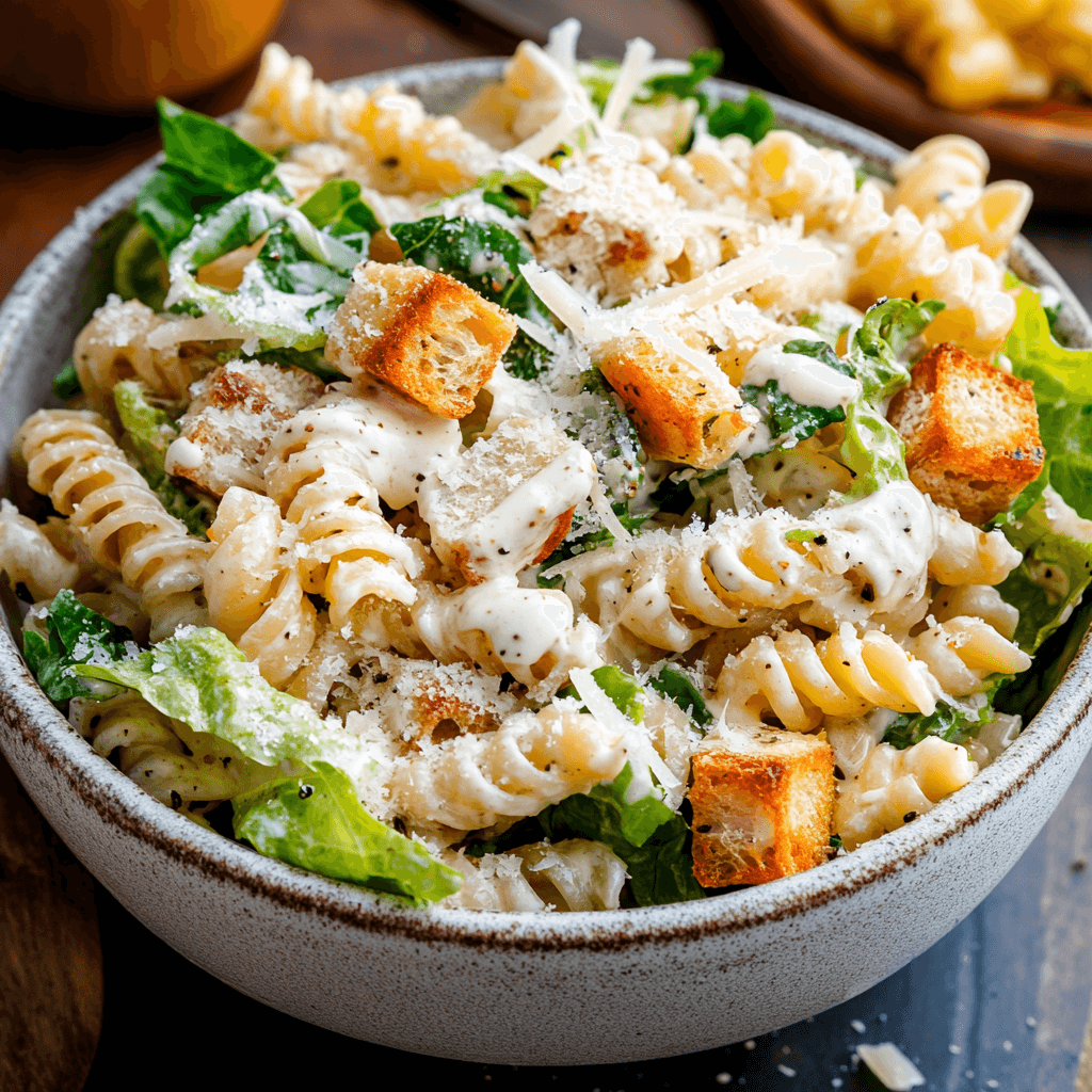 A fresh Caesar Pasta Salad Recipe with rotini pasta, romaine lettuce, Parmesan cheese, and creamy Caesar dressing.