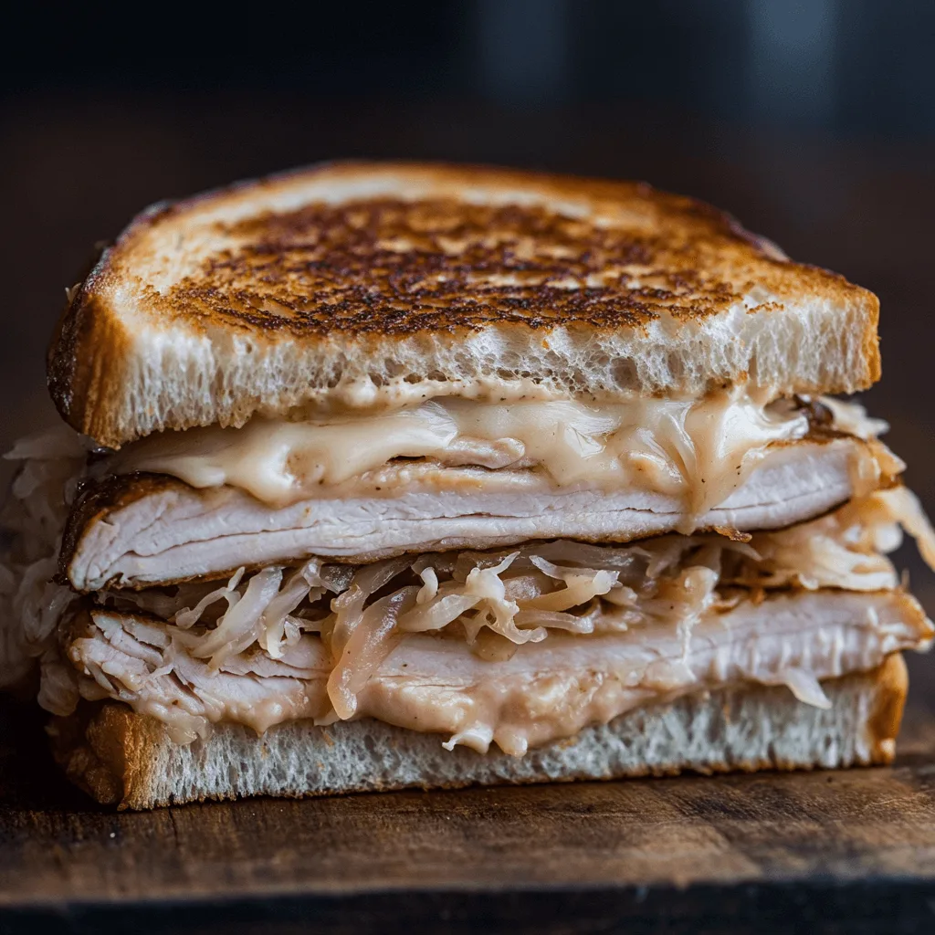 Grilled turkey Reuben sandwich with Swiss cheese, sauerkraut, and dressing on toasted rye bread