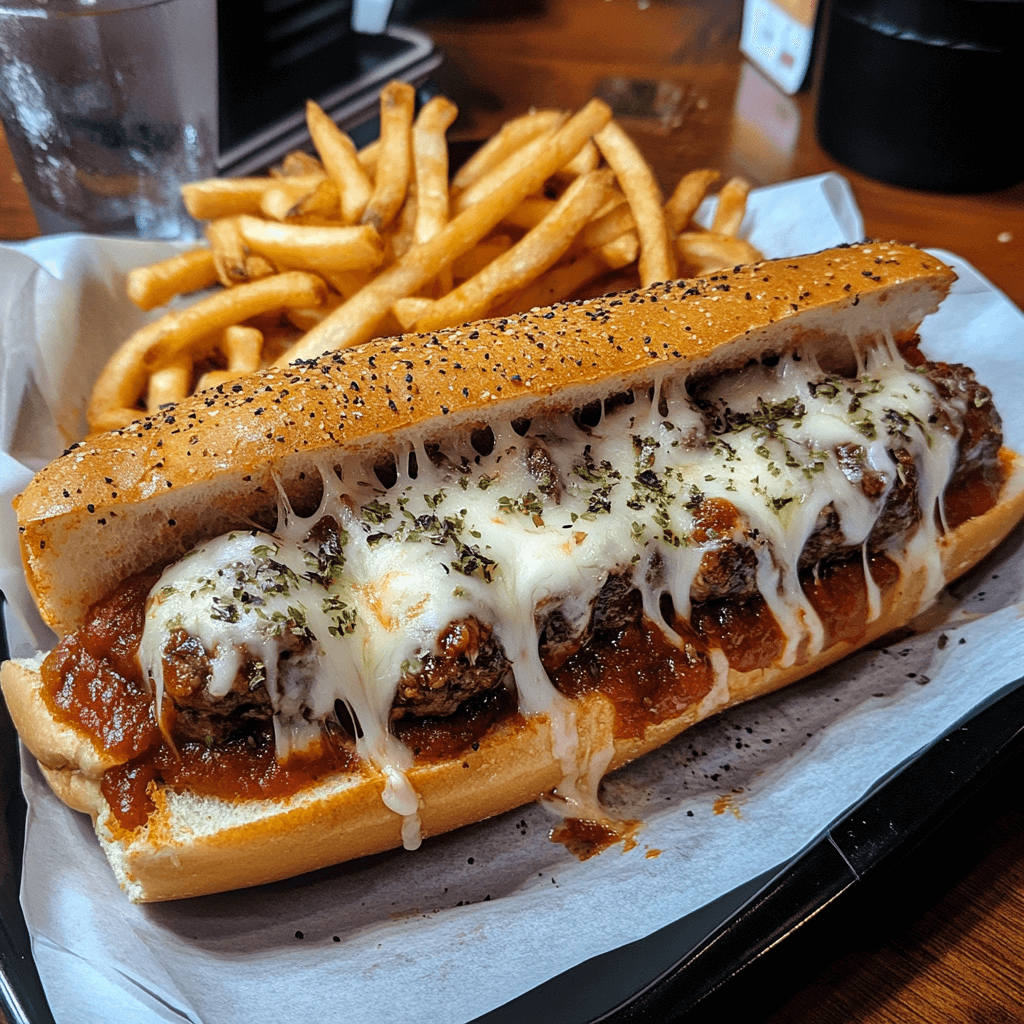A hearty meatball sub loaded with marinara sauce and melted cheese, served on a toasted hoagie roll.