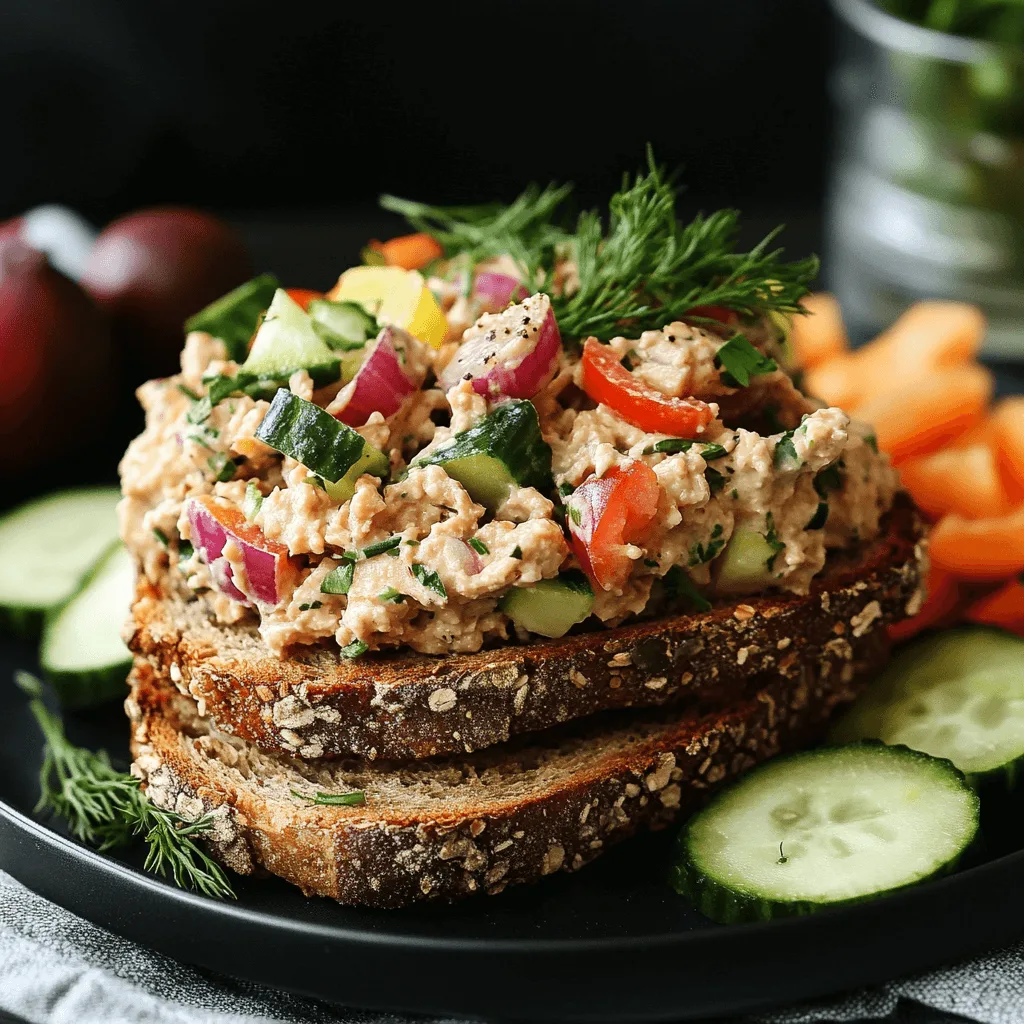 A creamy vegan tuna salad made with chickpeas, celery, red onion, and fresh herbs served on toasted bread with lemon garnish.