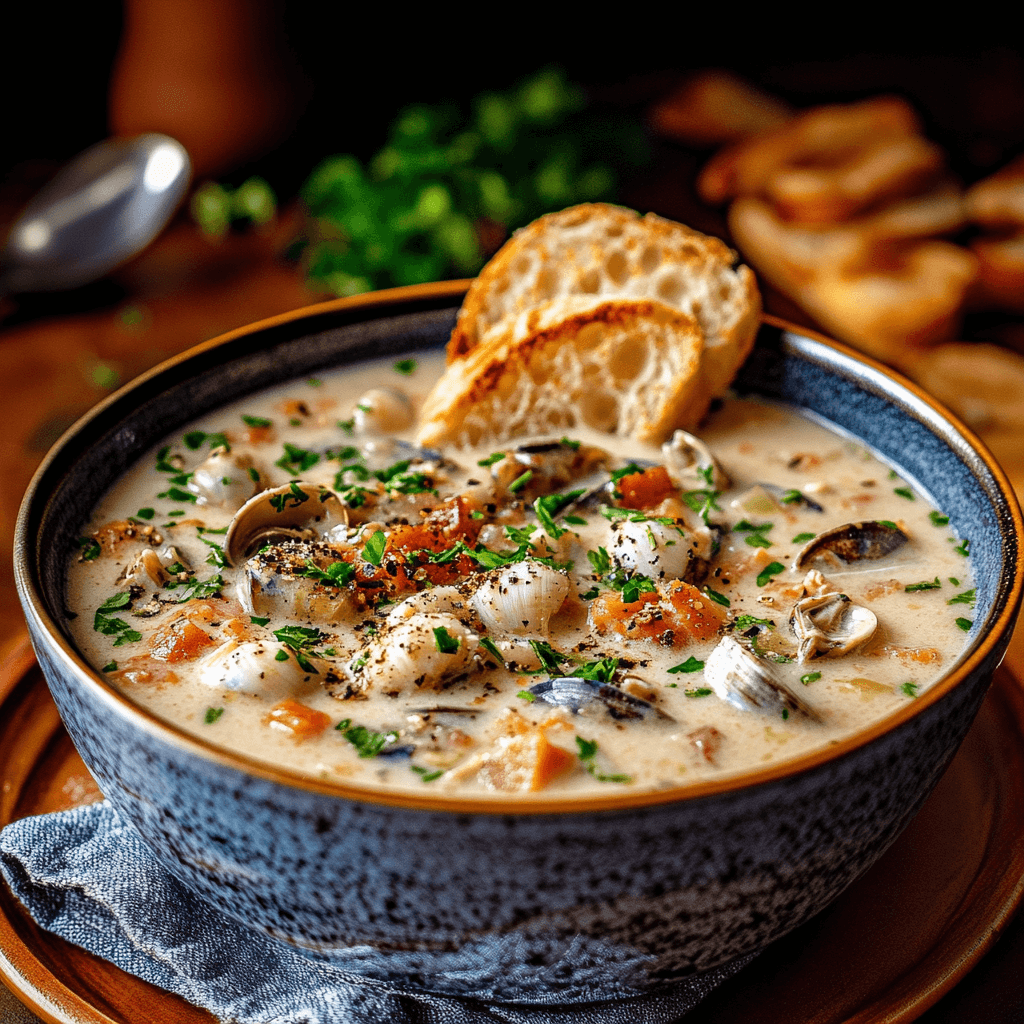 A creamy bowl of New England clam chowder filled with tender clams, potatoes, and crispy bacon, served with oyster crackers.