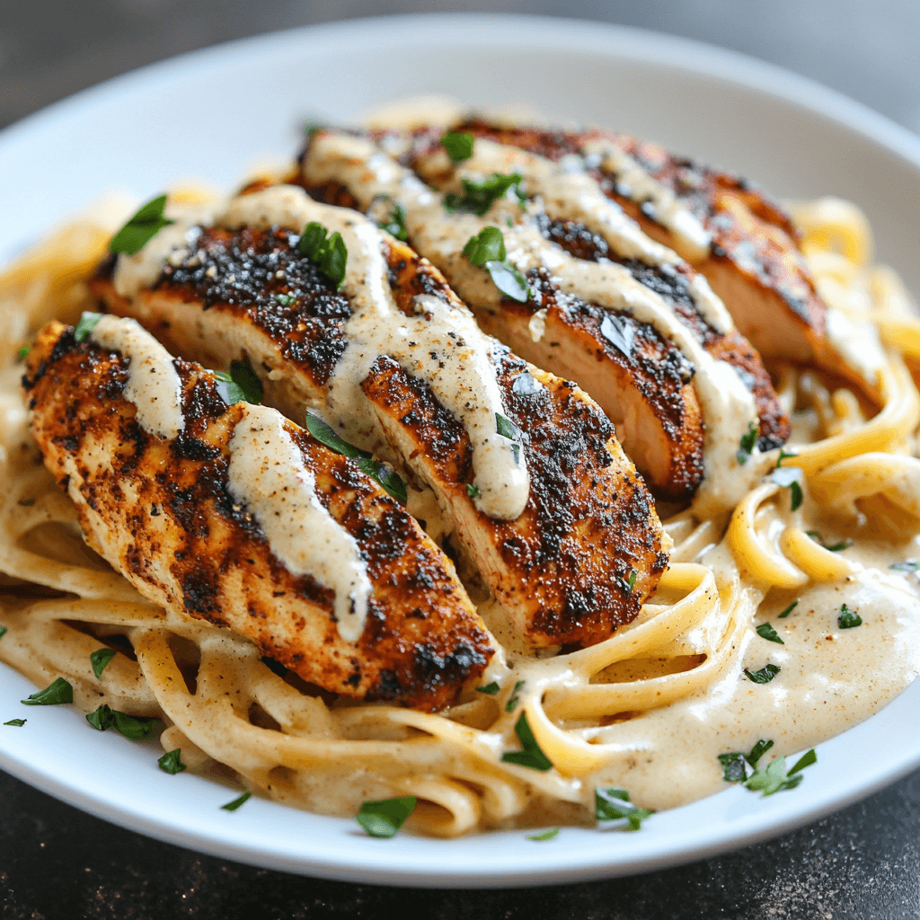 Creamy fettuccine Alfredo topped with juicy blackened chicken alfredo breast slices, garnished with fresh parsley and grated Parmesan.