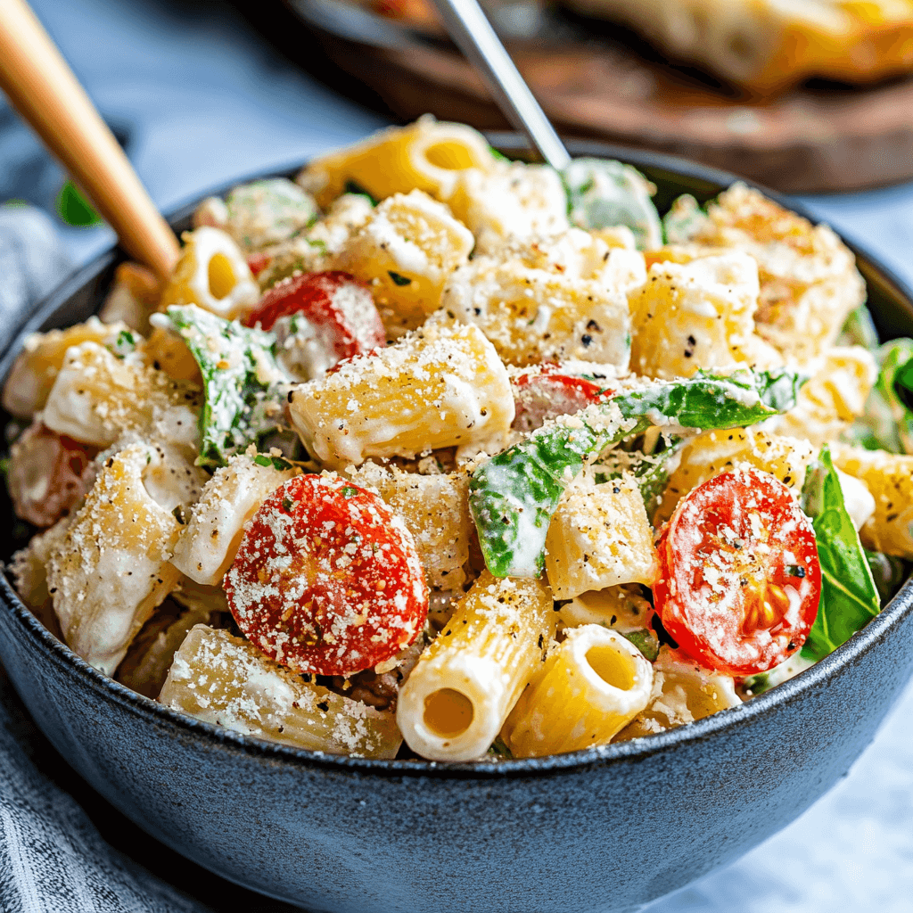A fresh Caesar pasta salad with rotini pasta, romaine lettuce, Parmesan cheese, and creamy Caesar dressing.
