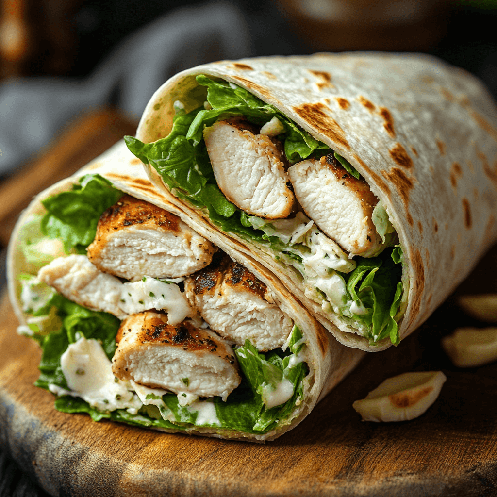 Caesar chicken wrap sliced in half, filled with grilled chicken, romaine lettuce, Caesar dressing, and Parmesan cheese in a soft tortilla.