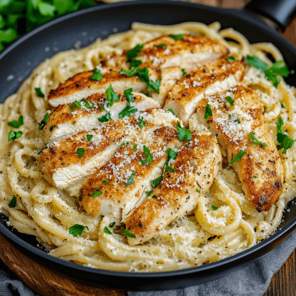 Creamy garlic Parmesan chicken pasta with golden pan-seared chicken and fresh parsley garnish