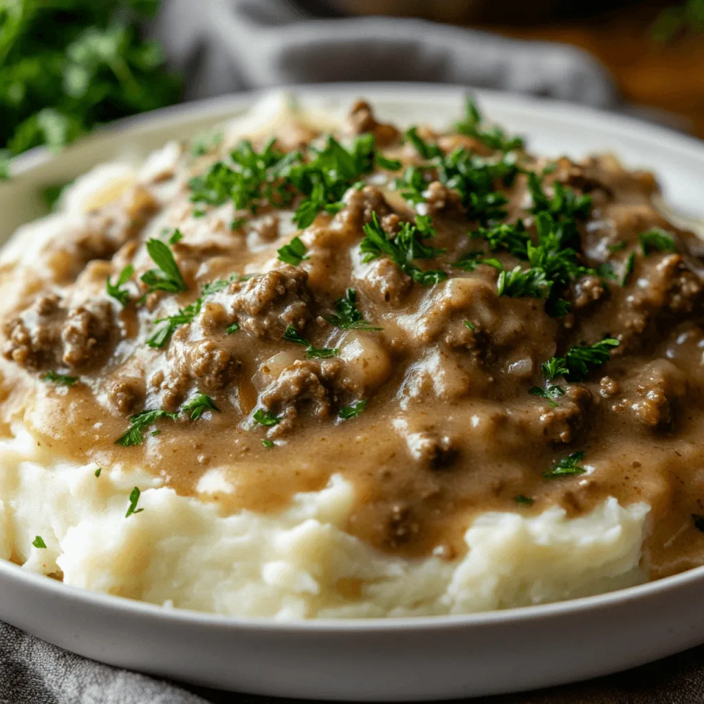 Creamy hamburger gravy with ground beef served over fluffy mashed potatoes, garnished with fresh parsley.