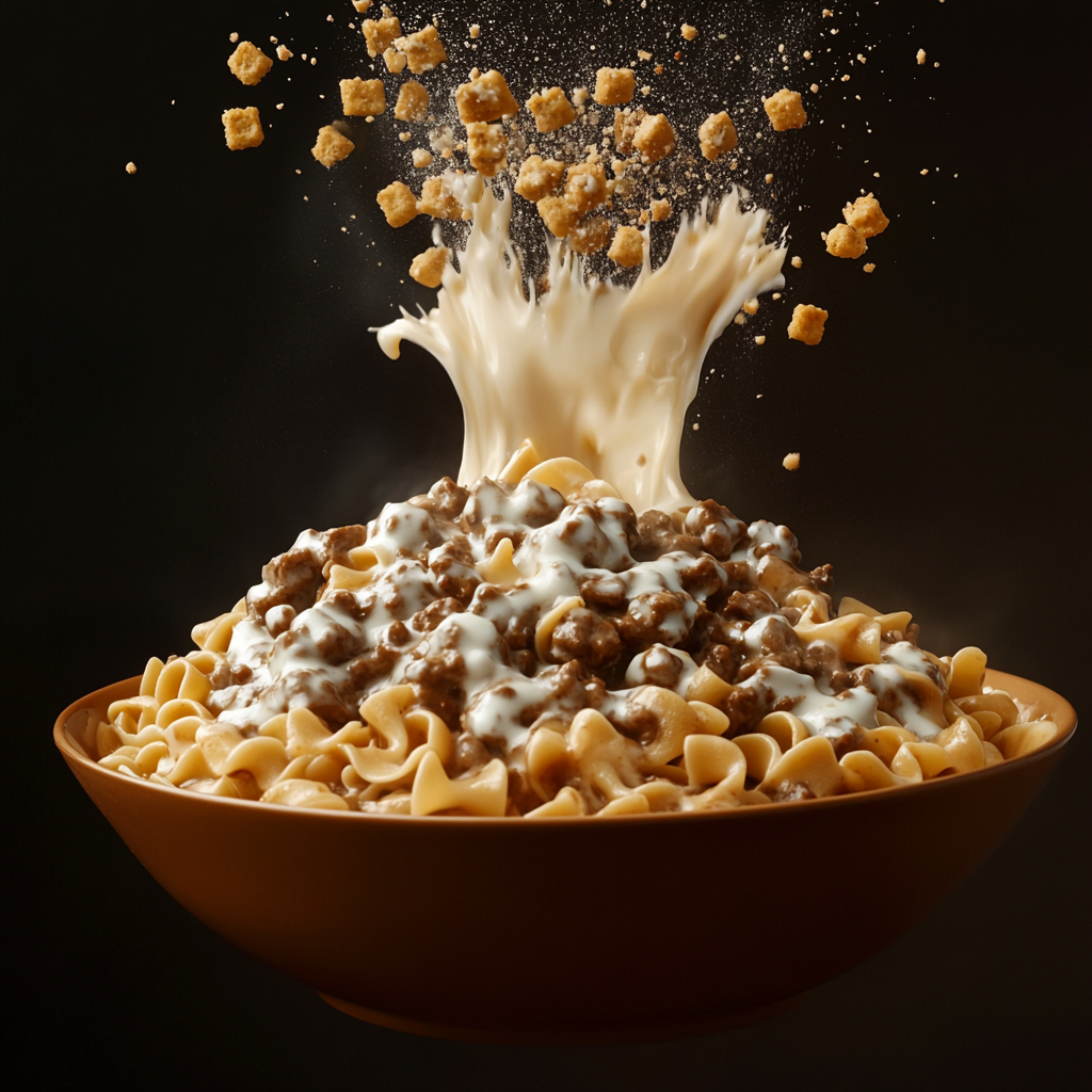 Homemade Hamburger Helper Beef Stroganoff served in a white bowl with parsley garnish.