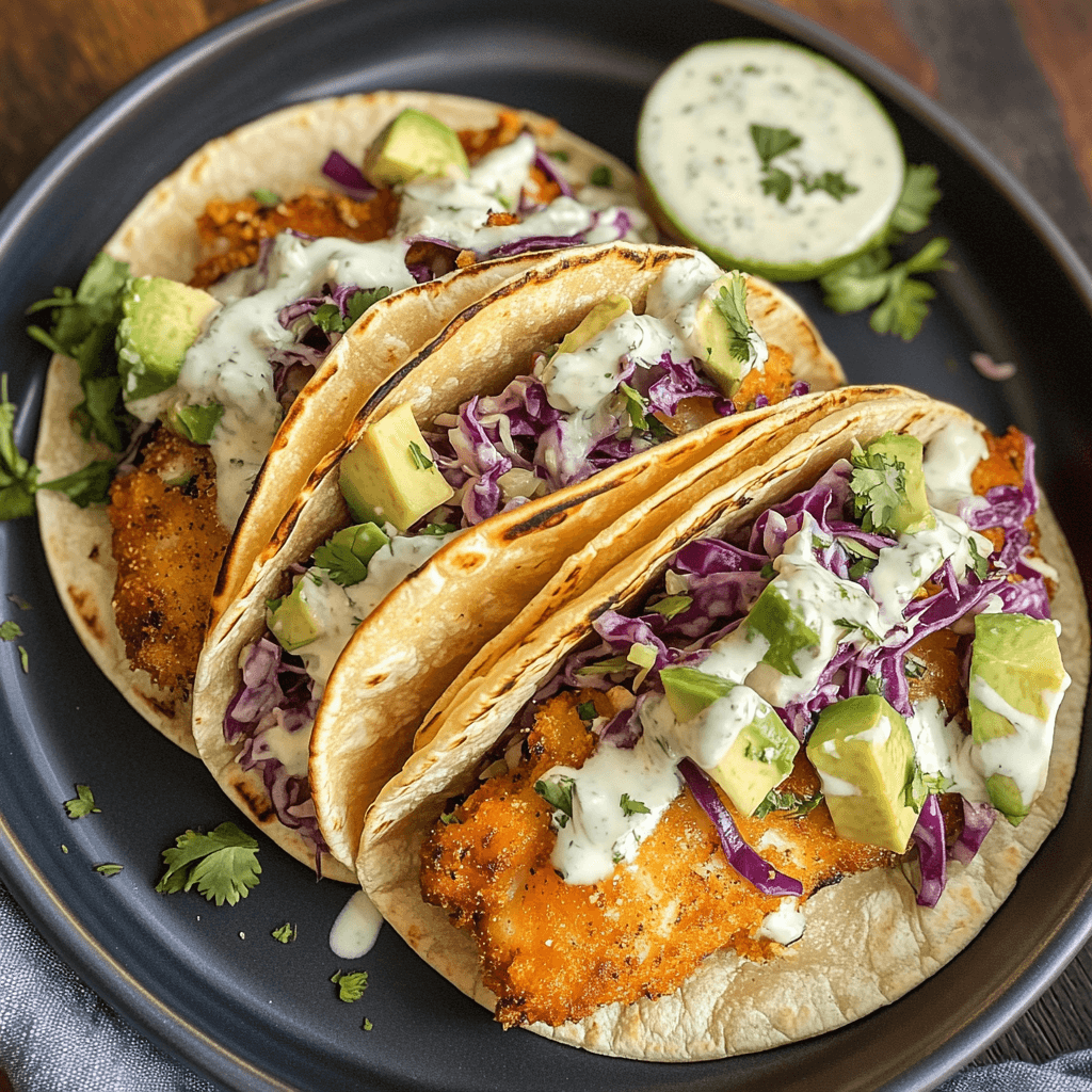 Crispy air fryer fish tacos with cabbage slaw, avocado, and lime crema in warm corn tortillas
