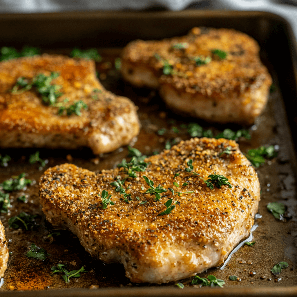 Crispy shake and bake pork chops on a baking tray with golden coating and fresh herbs