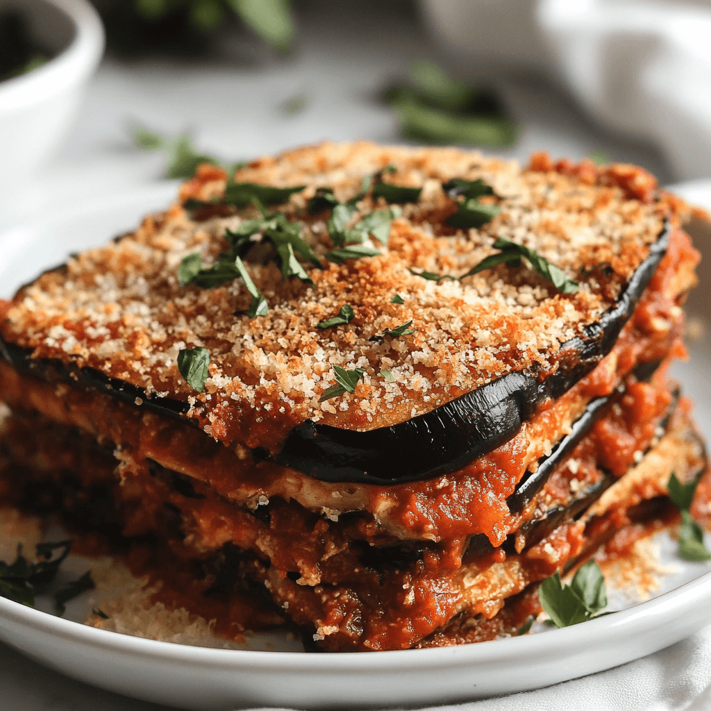 Baked vegan eggplant Parmesan with marinara sauce, melted plant-based cheese, and fresh basil in a white casserole dish