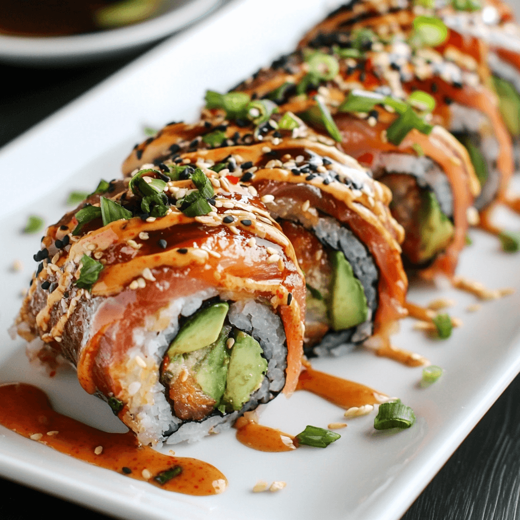 A beautifully plated dragon roll sushi with avocado slices, eel sauce, and a garnish of sesame seeds and green onions.
