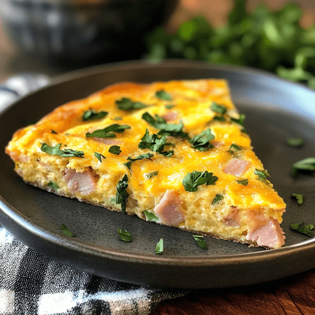 Golden-baked ham and cheese frittata in a skillet topped with fresh herbs