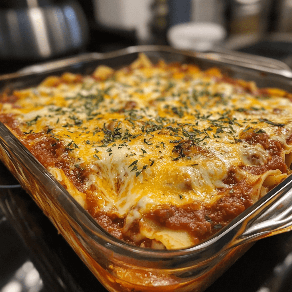 Lazy lasagna baked in a casserole dish, with golden, bubbly cheese and layers of pasta, marinara sauce, and ricotta cheese.