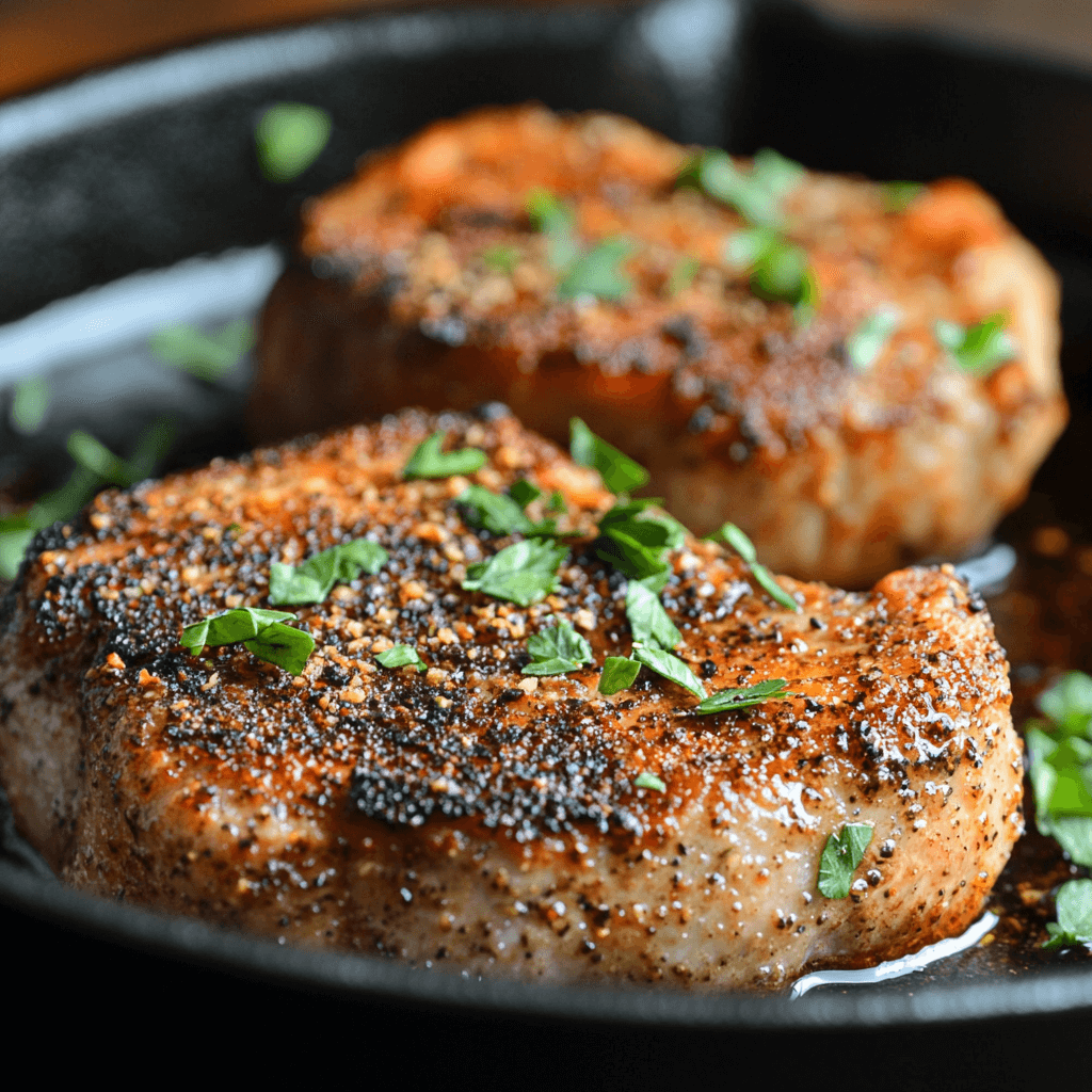 Crispy shake and bake pork chops on a baking tray with golden coating and fresh herbs