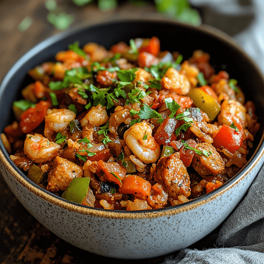 Homemade jambalaya mix, sausage, shrimp, bell peppers, and rice in a skillet