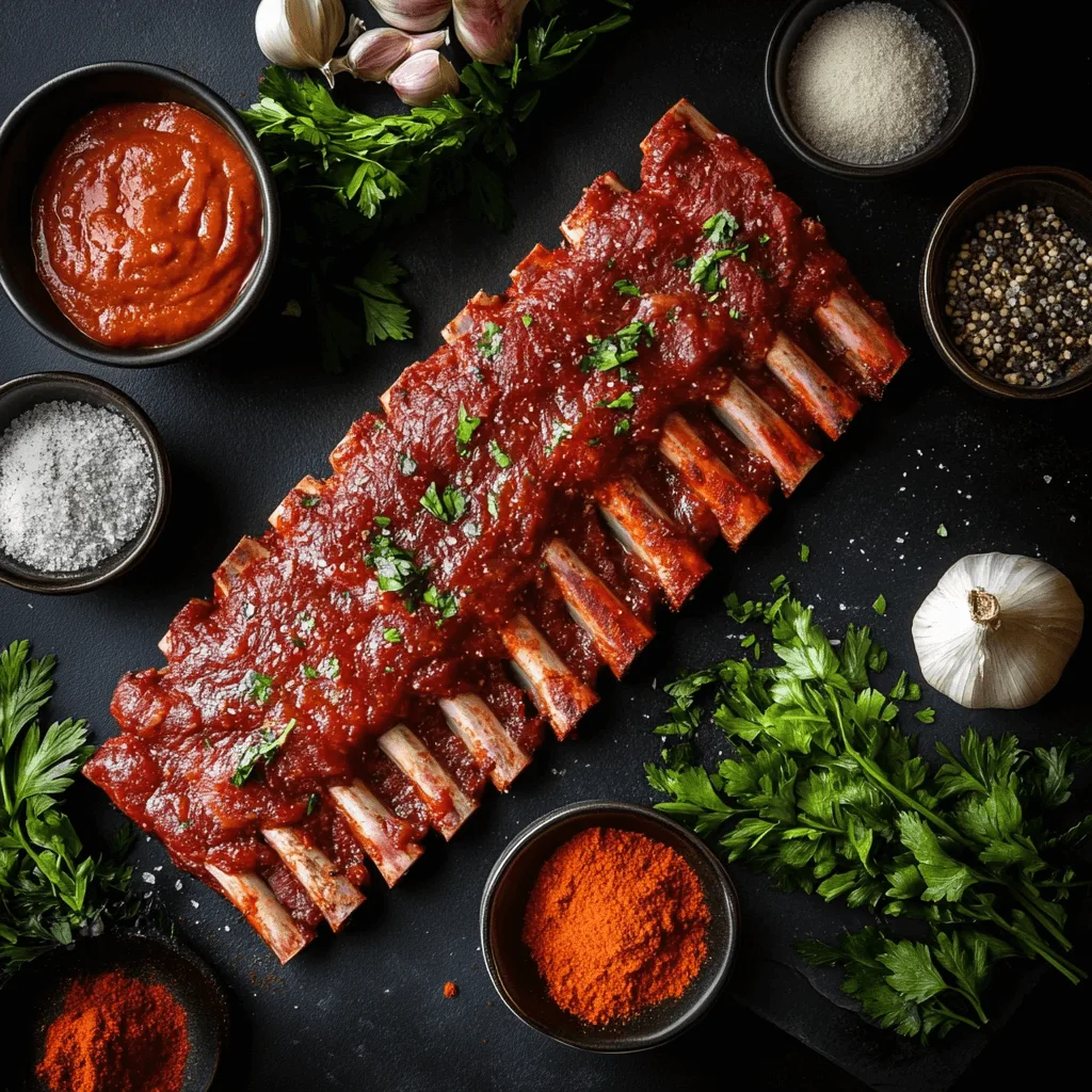 Juicy, smoky barbecue ribs cooked on a charcoal grill, glazed with a rich BBQ sauce and garnished with fresh herbs.