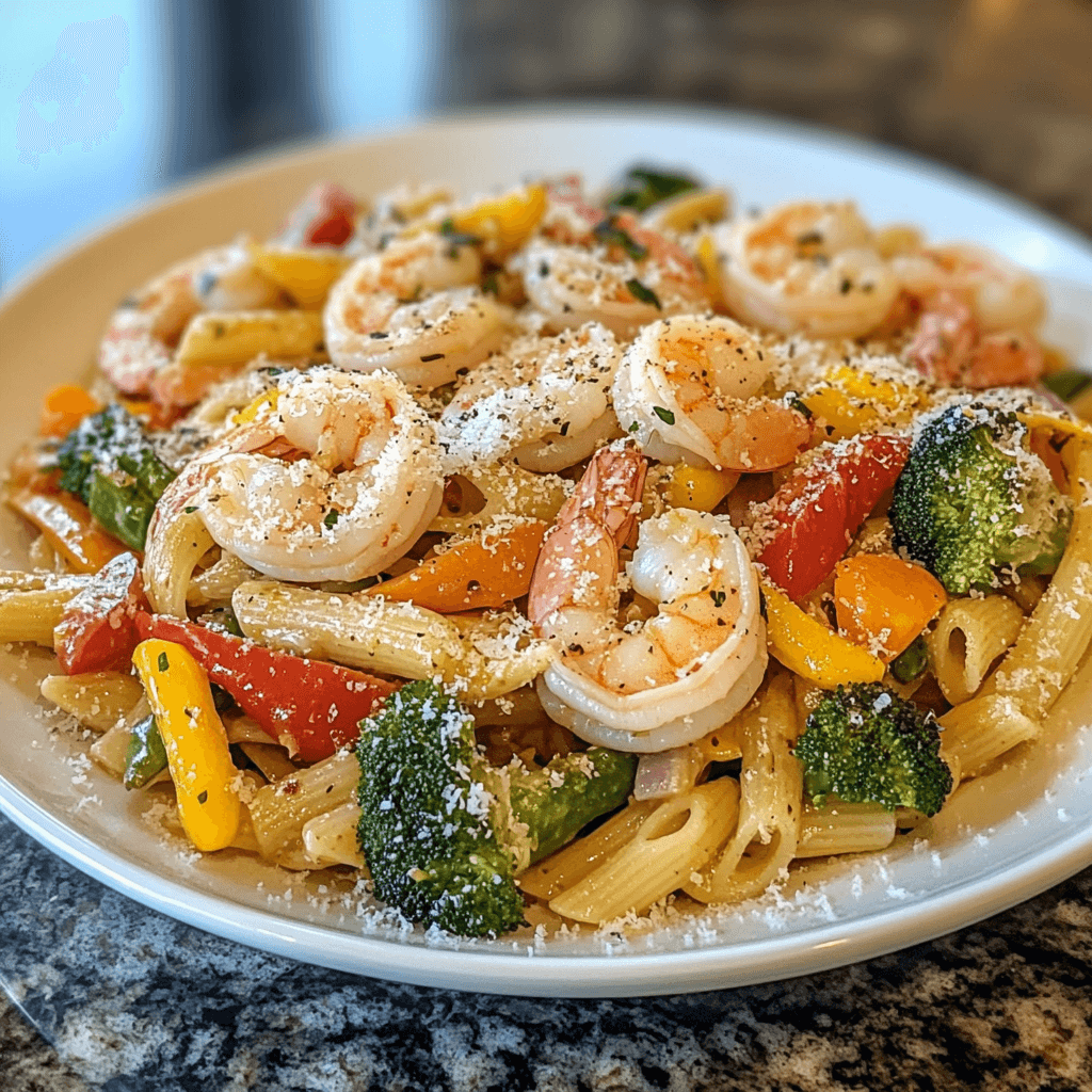 Colorful shrimp pasta primavera served with sautéed vegetables, spaghetti, and a sprinkle of Parmesan, garnished with fresh parsley.