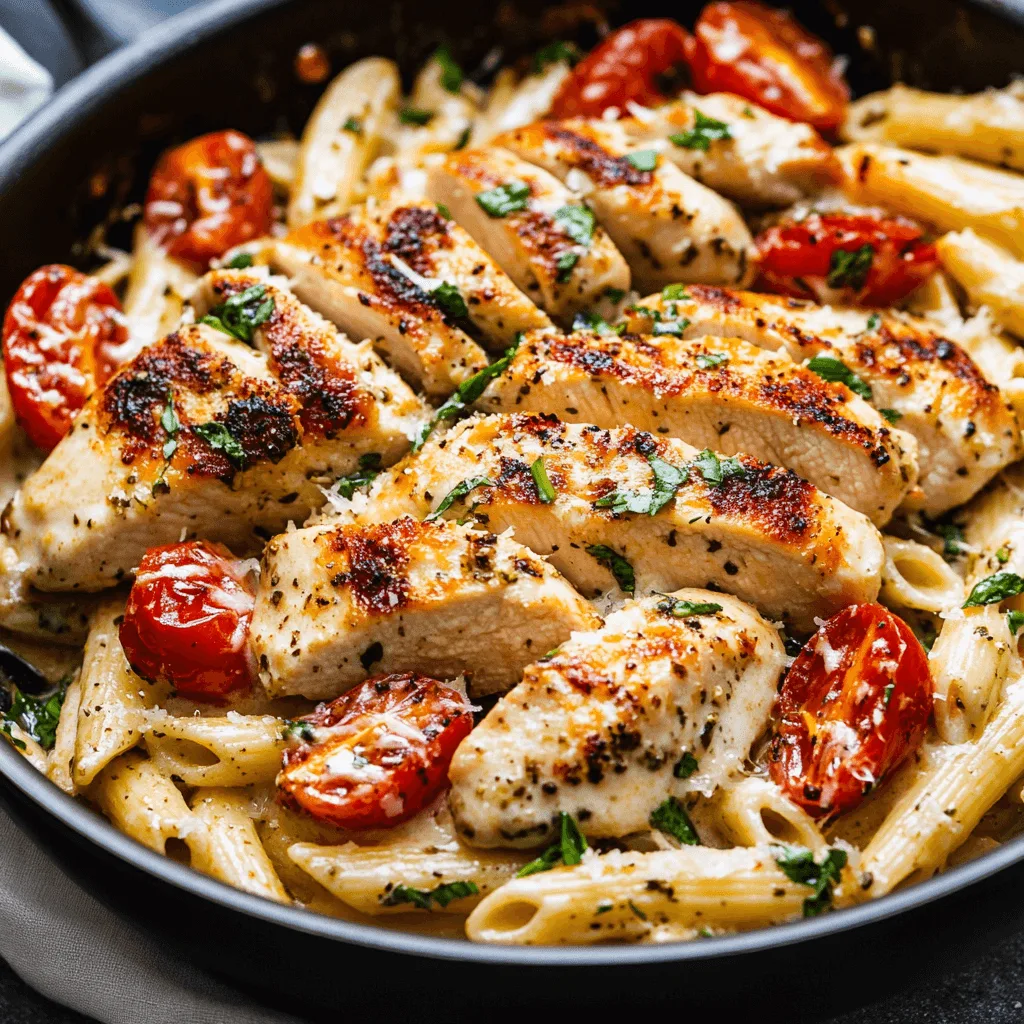 Creamy garlic Parmesan chicken pasta with golden pan-seared chicken and fresh parsley garnish