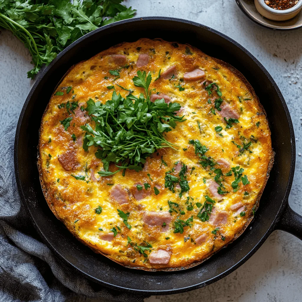Golden-baked ham and cheese frittata in a skillet topped with fresh herbs