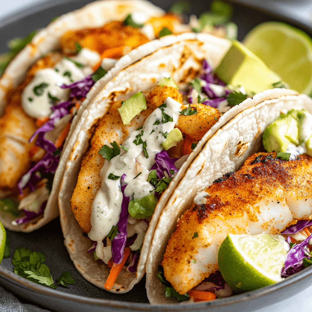 Crispy air fryer fish tacos with cabbage slaw, avocado, and lime crema in warm corn tortillas
