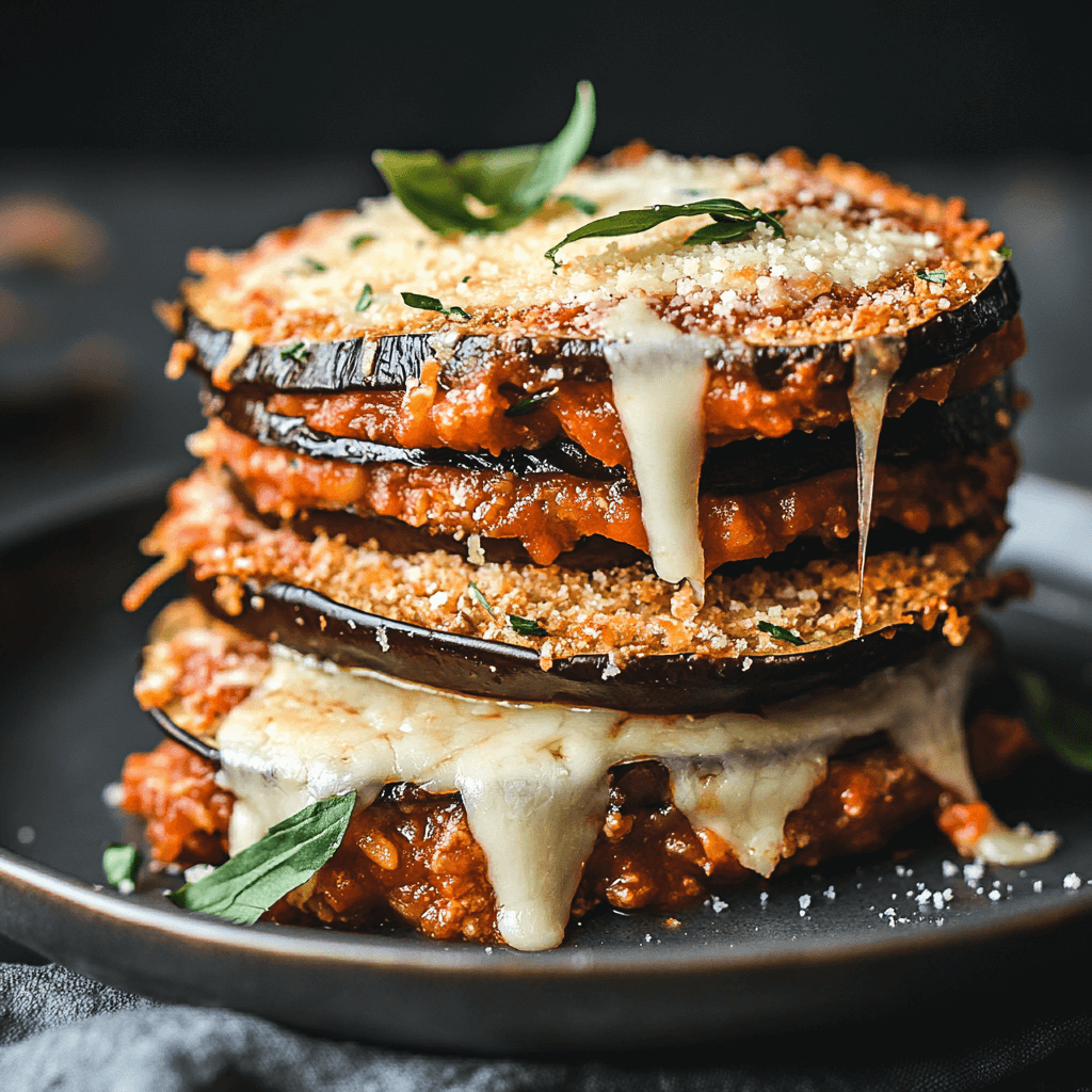 Baked vegan eggplant Parmesan with marinara sauce, melted plant-based cheese, and fresh basil in a white casserole dish