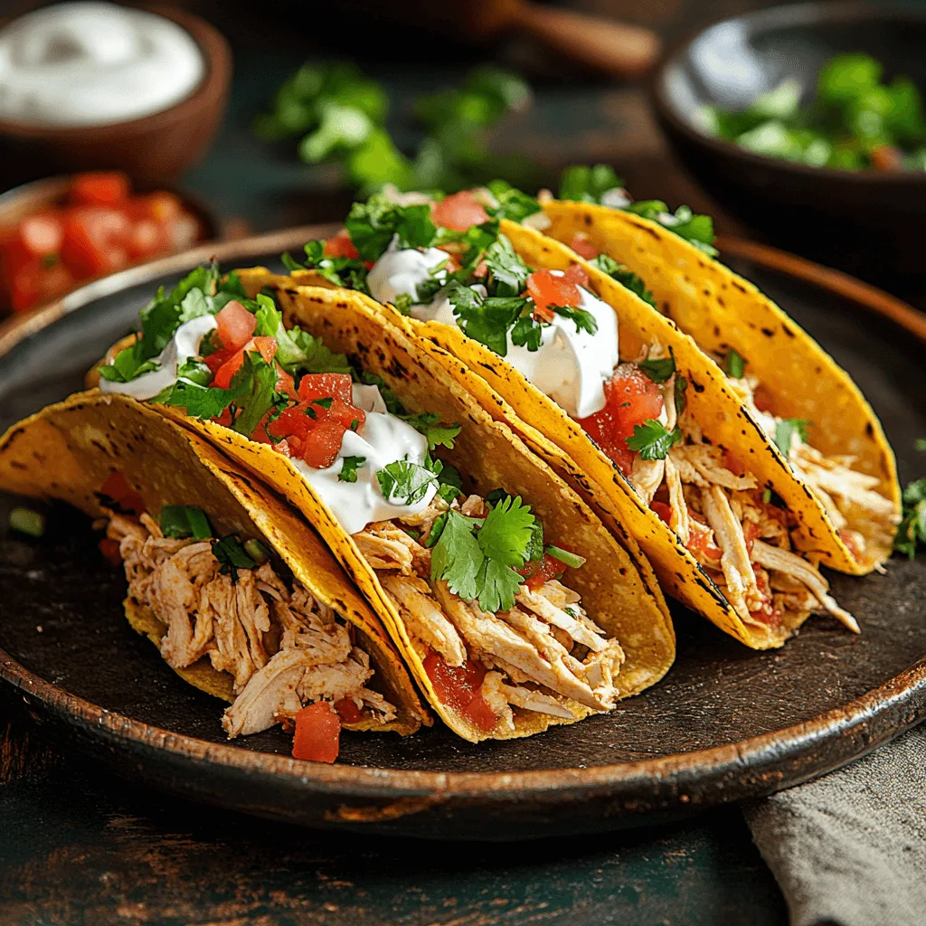 Golden crispy tacos dorados filled with shredded chicken and topped with lettuce, salsa, sour cream, and queso fresco on a rustic plate.