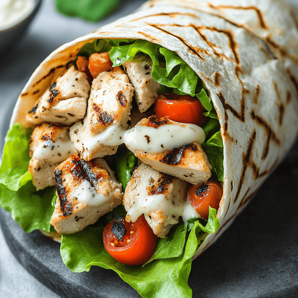 Caesar chicken wrap sliced in half, filled with grilled chicken, romaine lettuce, Caesar dressing, and Parmesan cheese in a soft tortilla.