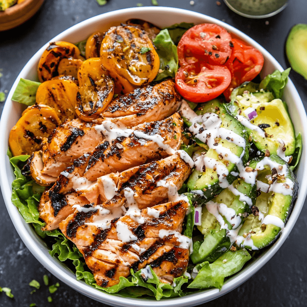 A fresh grilled salmon salad with mixed greens, cherry tomatoes, avocado, and a light vinaigrette.