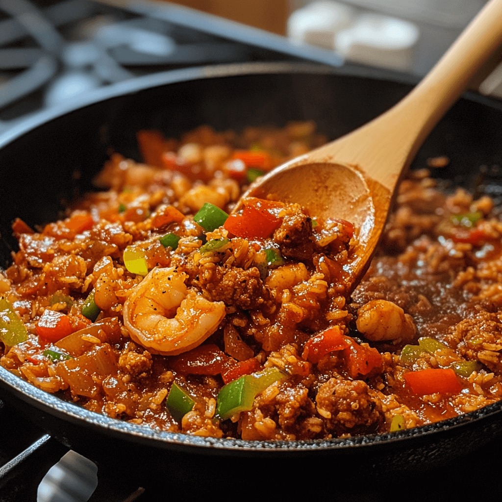 Homemade jambalaya mix, sausage, shrimp, bell peppers, and rice in a skillet