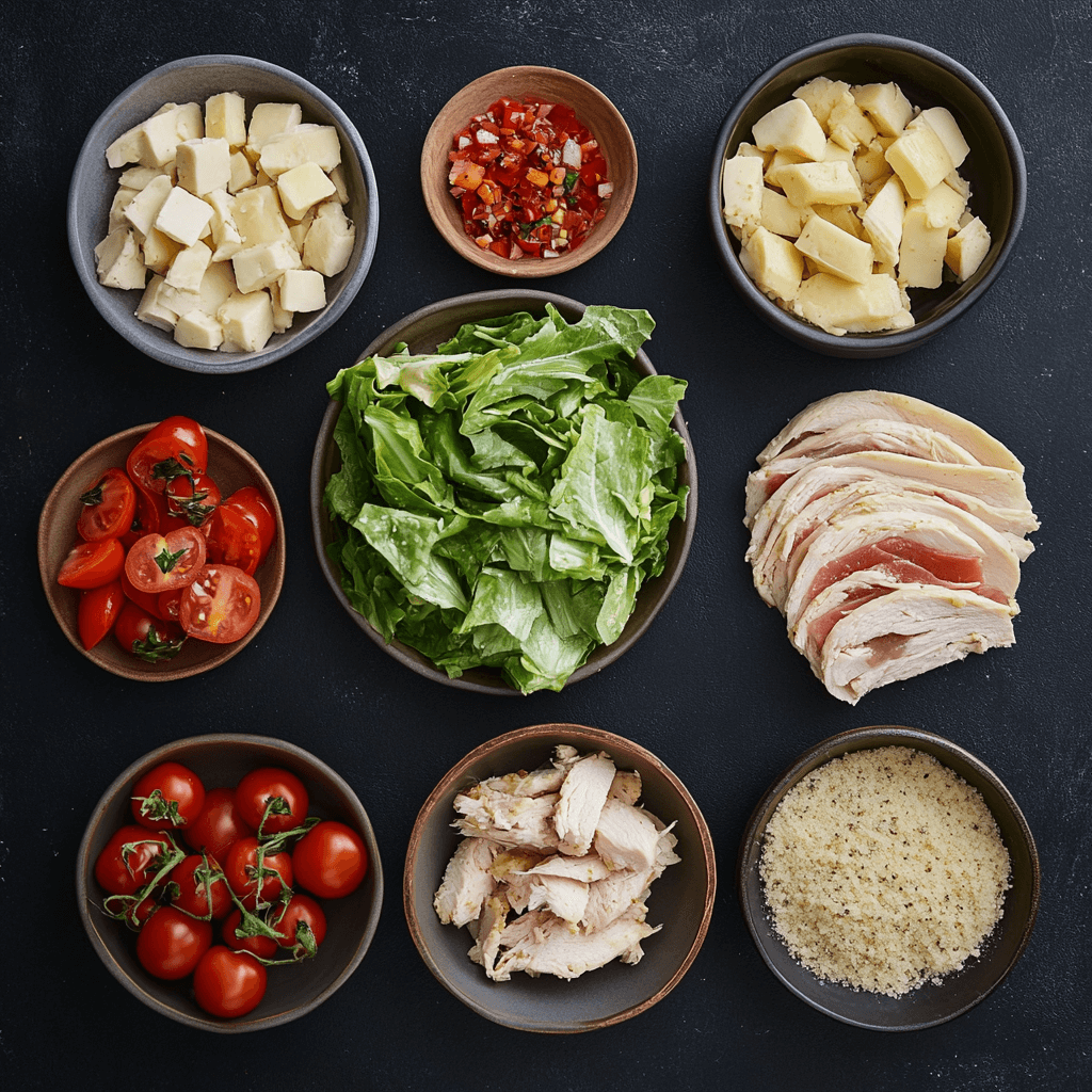Caesar chicken wrap sliced in half, filled with grilled chicken, romaine lettuce, Caesar dressing, and Parmesan cheese in a soft tortilla.