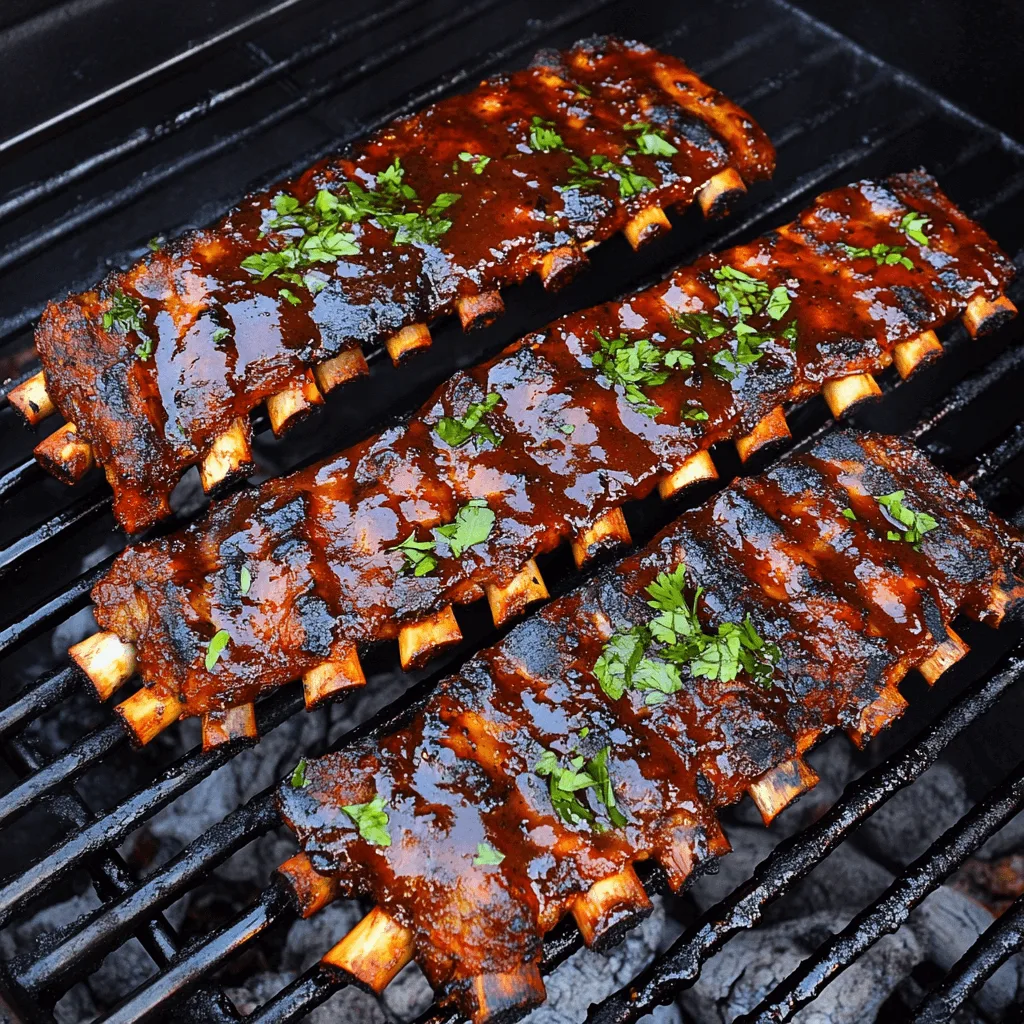 Juicy, smoky Barbecuing Ribs on a Charcoal Grill, glazed with a rich BBQ sauce and garnished with fresh herbs.