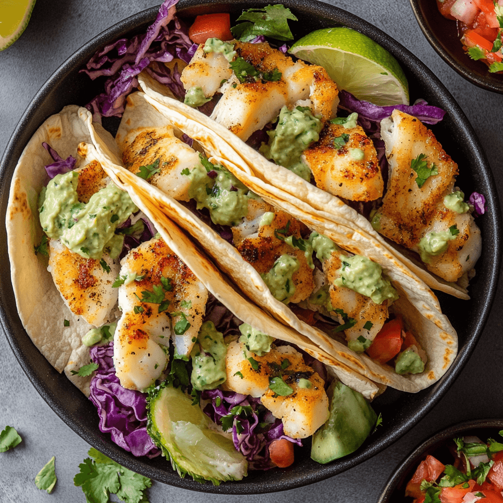 Crispy air fryer fish tacos with cabbage slaw, avocado, and lime crema in warm corn tortillas