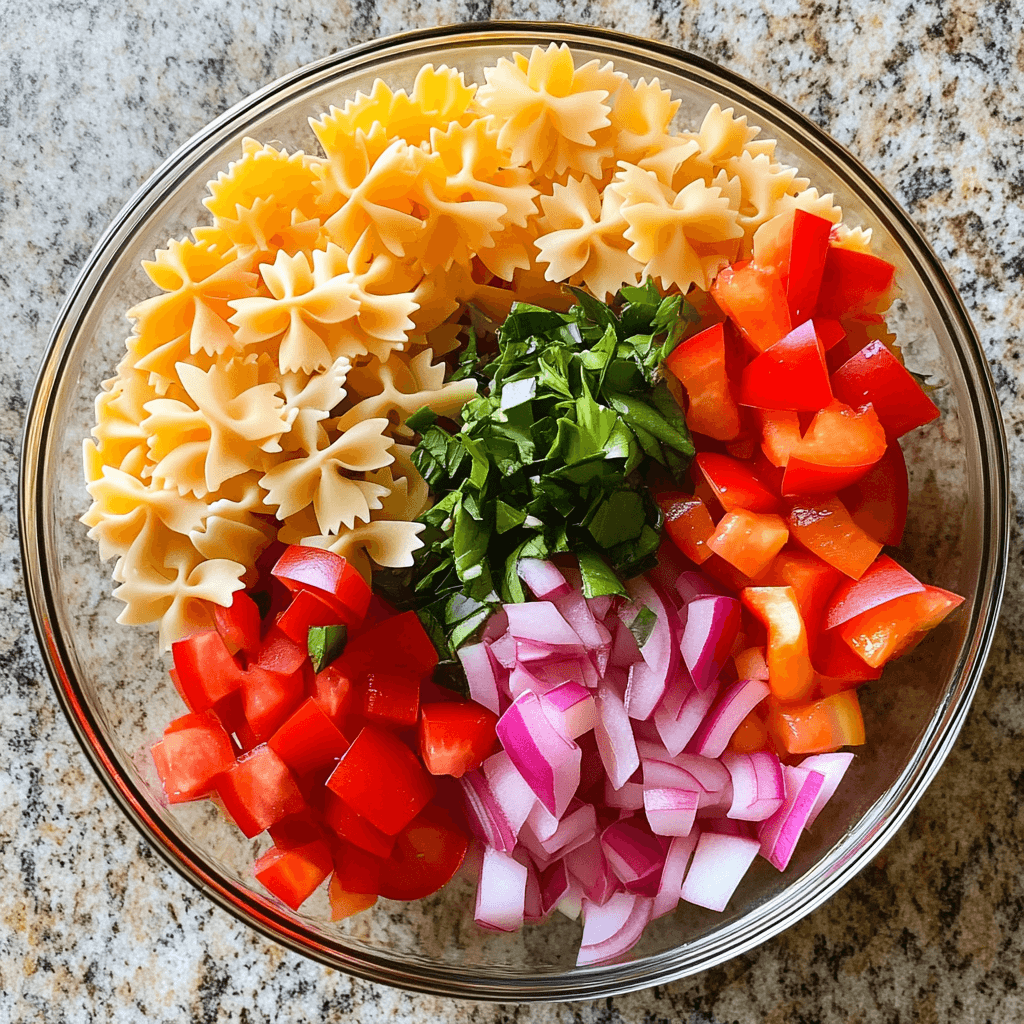 Colorful bow tie pasta salad with cherry tomatoes, cucumbers, bell peppers, and fresh herbs served in a white bowl.