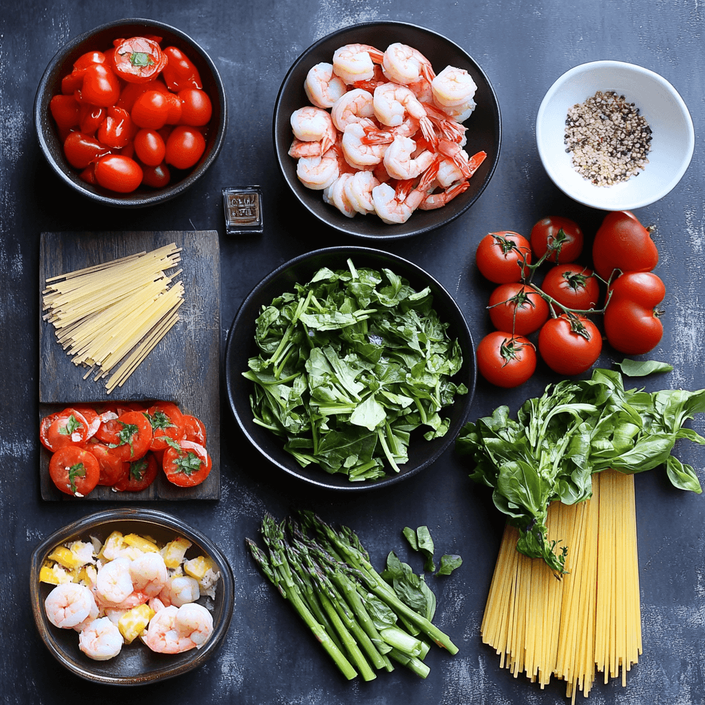 Colorful shrimp pasta primavera served with sautéed vegetables, spaghetti, and a sprinkle of Parmesan, garnished with fresh parsley.