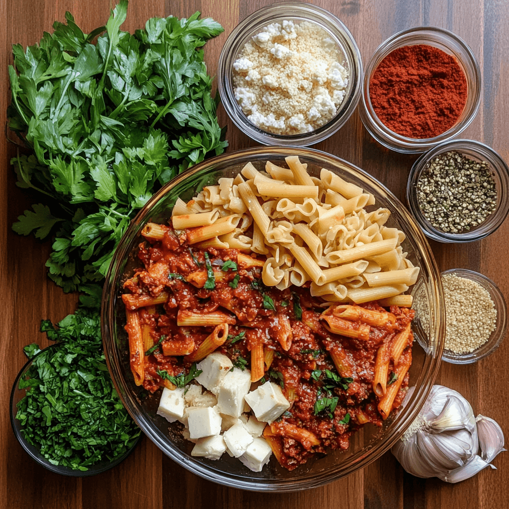 A bubbling dish of vegan baked ziti topped with melted dairy-free cheese, fresh basil, and golden crust edges, served in a white casserole dish.