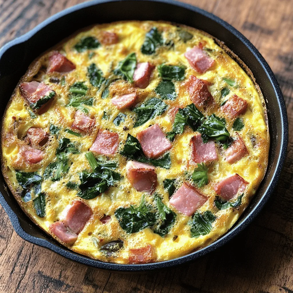 Golden-baked ham and cheese frittata in a skillet topped with fresh herbs