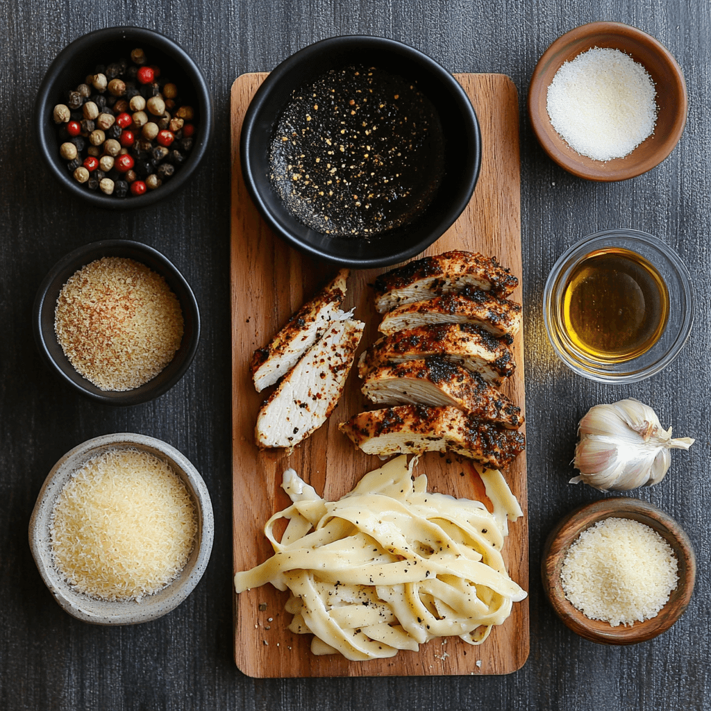 Creamy fettuccine Alfredo topped with juicy blackened chicken alfredo breast slices, garnished with fresh parsley and grated Parmesan.
