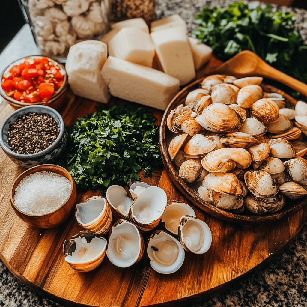 A creamy bowl of New England clam chowder filled with tender clams, potatoes, and crispy bacon, served with oyster crackers.