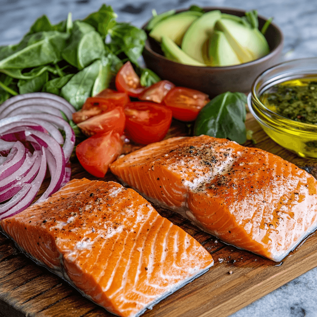 A fresh grilled salmon salad with mixed greens, cherry tomatoes, avocado, and a light vinaigrette.
