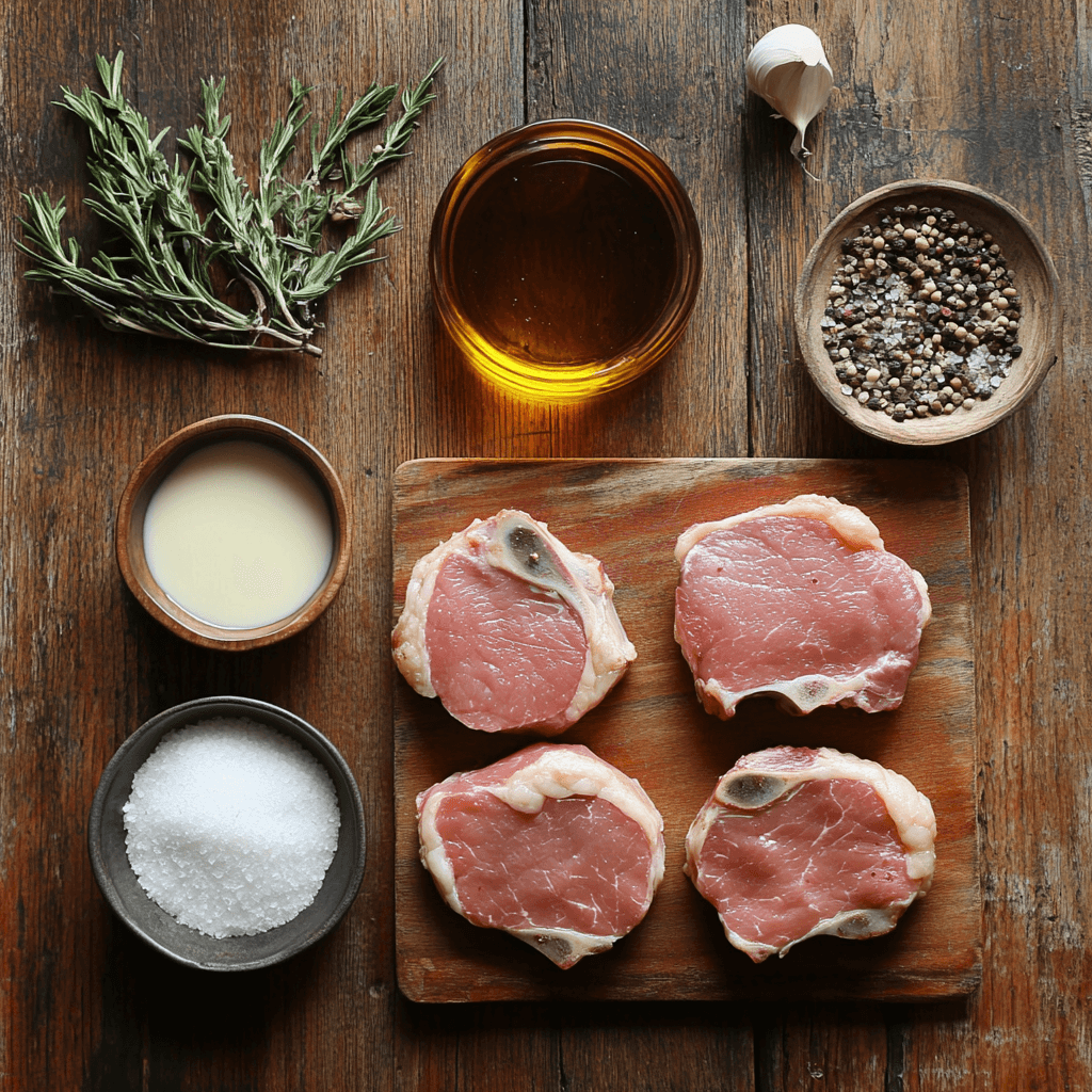 Crispy shake and bake pork chops on a baking tray with golden coating and fresh herbs