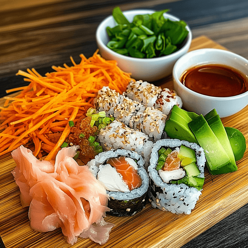 A beautifully plated dragon roll sushi with avocado slices, eel sauce, and a garnish of sesame seeds and green onions.