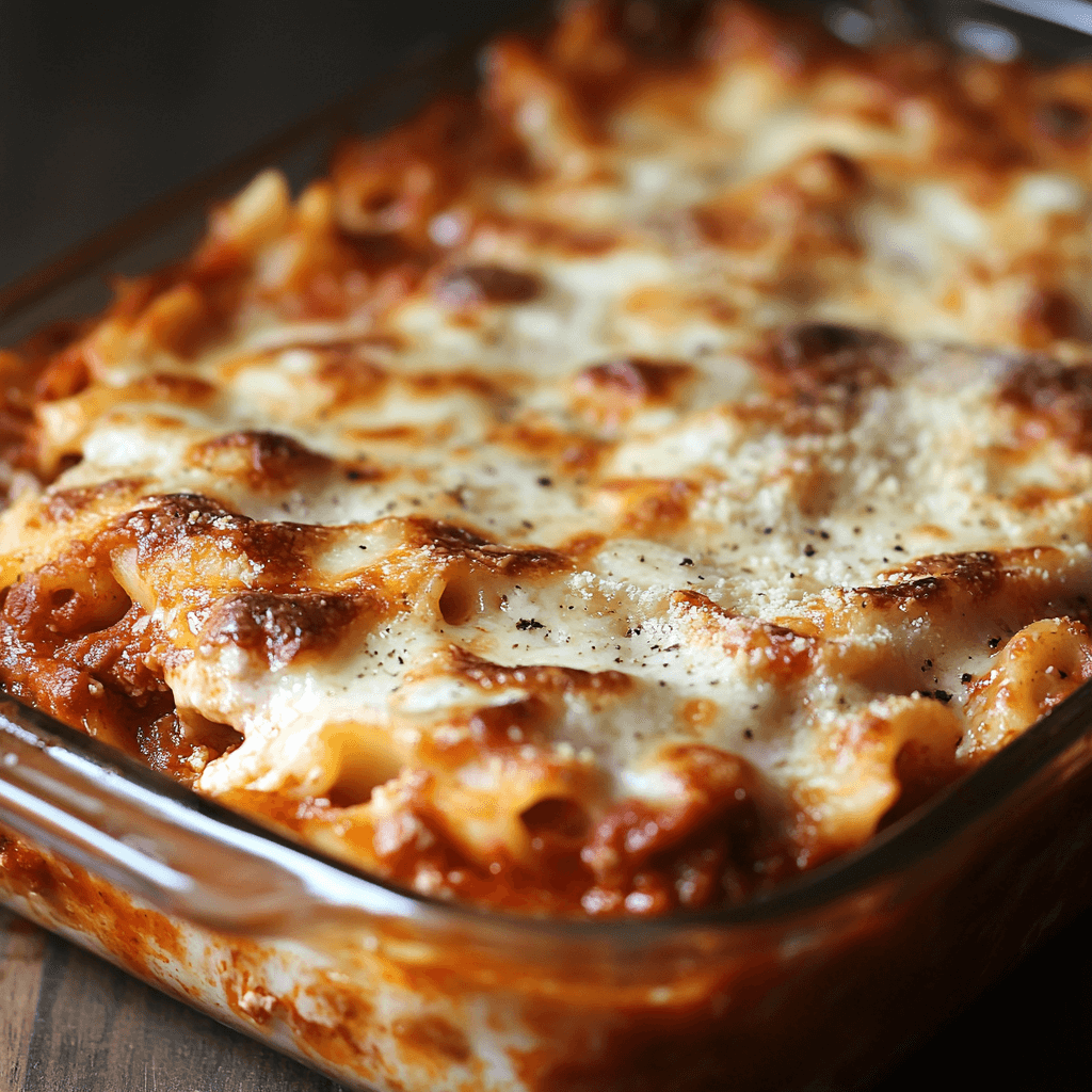 Lazy lasagna baked in a casserole dish, with golden, bubbly cheese and layers of pasta, marinara sauce, and ricotta cheese.